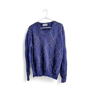 Pringle of Scotland Sweater XL Blue Argyle Cotton V-Neck Vintage Knit